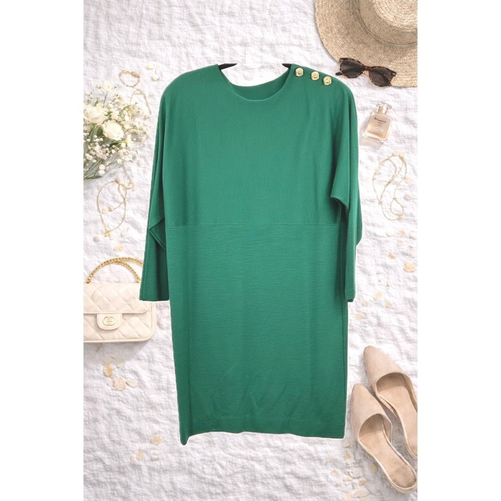 Vintage Collectibles Seattle Dress Small Green 100% Wool Gold Button Shift Mod